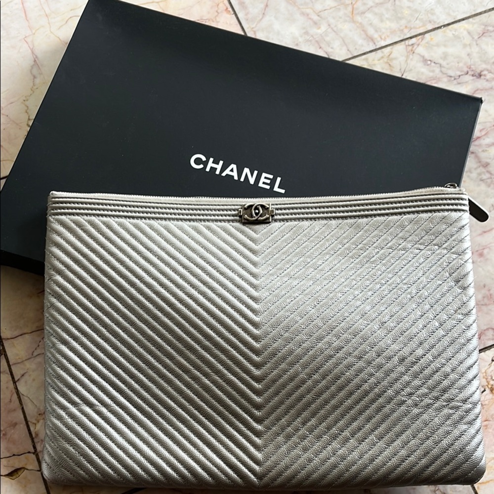 CHANEL Metallic Silver Chevron Pouch
